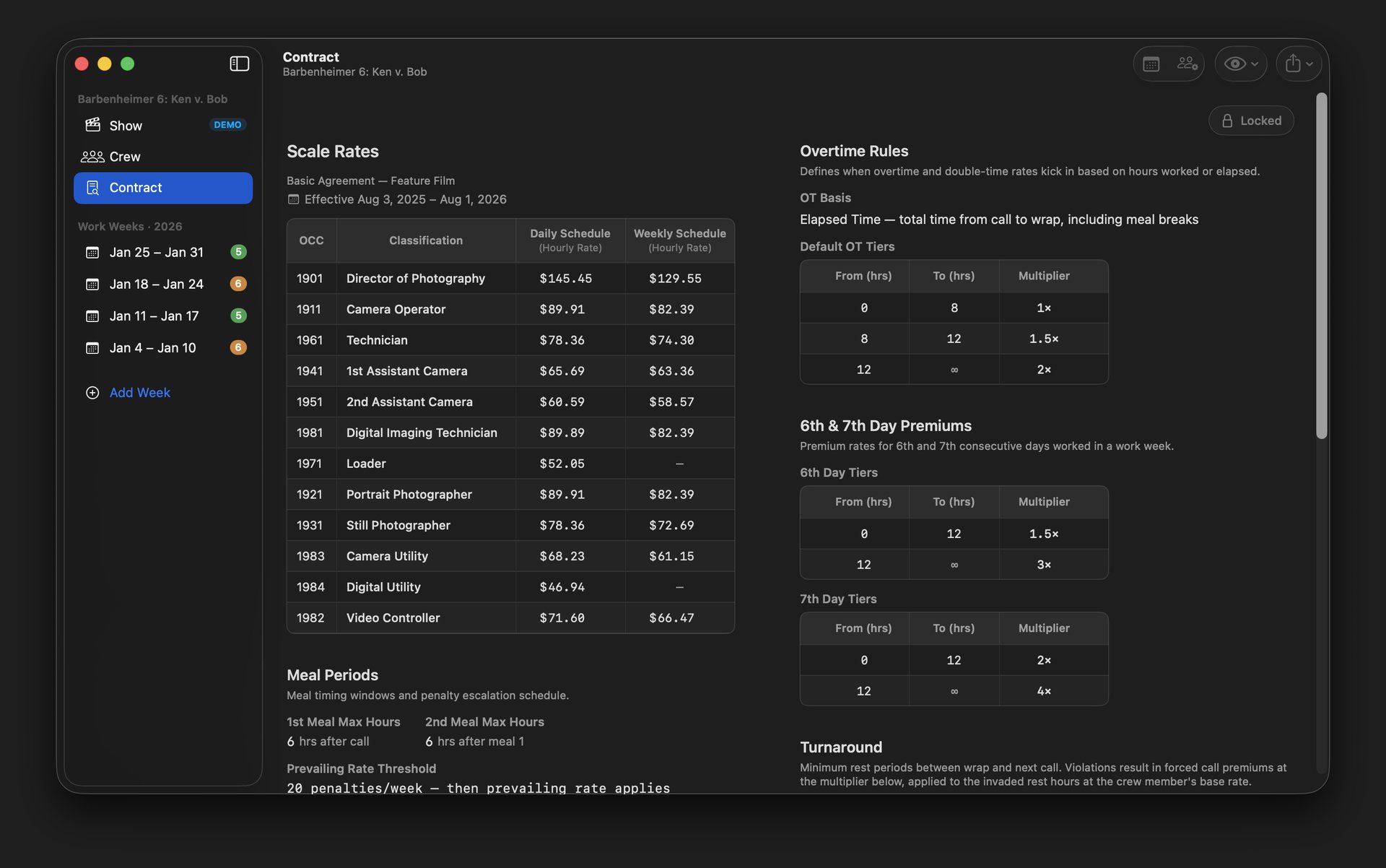 TimeCardRobot contract rules — scale rates and overtime tiers