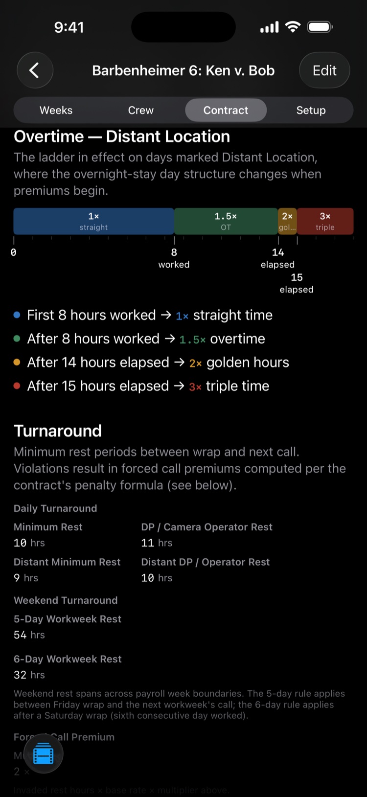 TimeCardRobot contract rules — scale rates and overtime tiers on iPhone