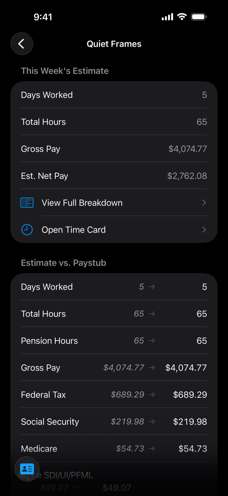 TimeCardRobot summary view with earnings, deductions, and net pay on iPhone