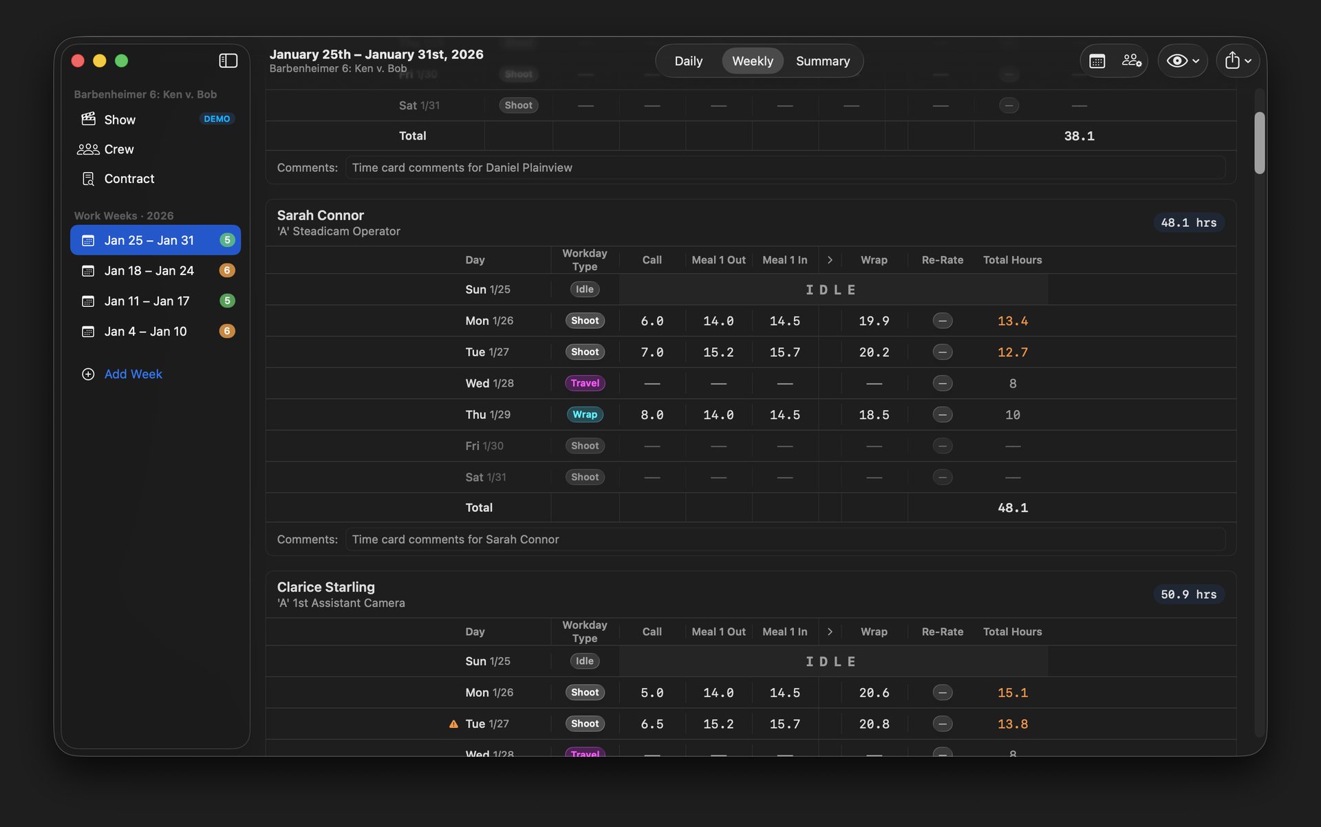 TimeCardRobot weekly per-crew breakdown